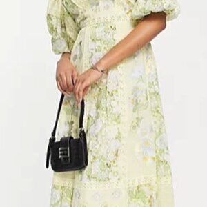 ASOS EDITION printed embroidered midi dress with lace inserts and tie back in ye